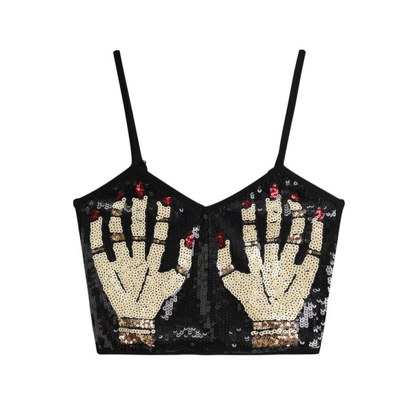 Cross-border European American Sexy Women's Short Top With Fashionable Style, Embroidered Pattern, And Sequin Camisole_ecoleips.com