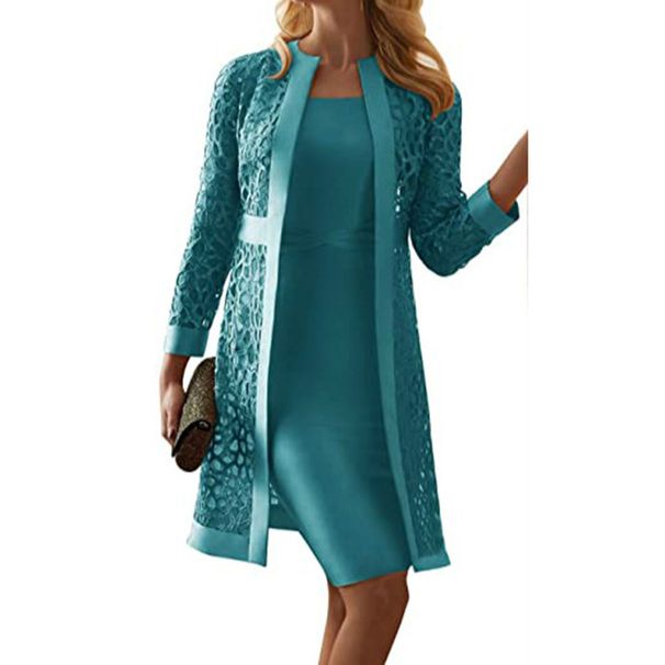 plus Size Women's Two Piece Set Solid Color Lace Hollow Cardigan Sleeveless Short Skirt European American Style Dress_ecoleips.com