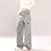 Cartoon Puppy Embroidered Straight-leg Jeans For Women, Large Size, High Waist, Loose And Slimming, Washed And Aged Wide-leg Pants_ecoleips.com