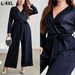 Plus Size Women's Jumpsuit – Sexy V-Neck Tie-Waist Glitter Wide Leg Palazzo Pants, High Waist Loungewear For Work & Party (0XL-4XL, Navy Blue)_ecoleips.com