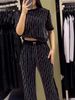 Women's Slim-Fit Knit Blazer Set With Rhinestone Striped Tee - Summer Office Wear, Stretchy Polyester Suit (Black, S-XXXL)_ecoleips.com