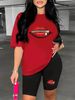 Summer Women's Casual Fashion Zipper Red Lip Print Loose T-shirt+shorts Two-piece Sportswear Suitable For Daily Wear-78_ecoleips.com