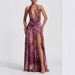 Women's Sexy Halter Neck Bodycon Maxi Dress With Low Back & Thigh Slit | Floral Print Ruffle Detail Lightweight & Flowy Fabric_ecoleips.com