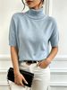 Women's New Spring And Autumn Casual Minimalist Style High-neck Short-sleeved Knit Base Layer Top, Light Blue, Soft And Loose, Versatile And Elegant Top._ecoleips.com