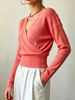 Women Wrap V Neck Ribbed Knit Top Loose Long Sleeve Lightweight Hollow Texture Breathable Skin-friendly Crop Knit Blouse_ecoleips.com