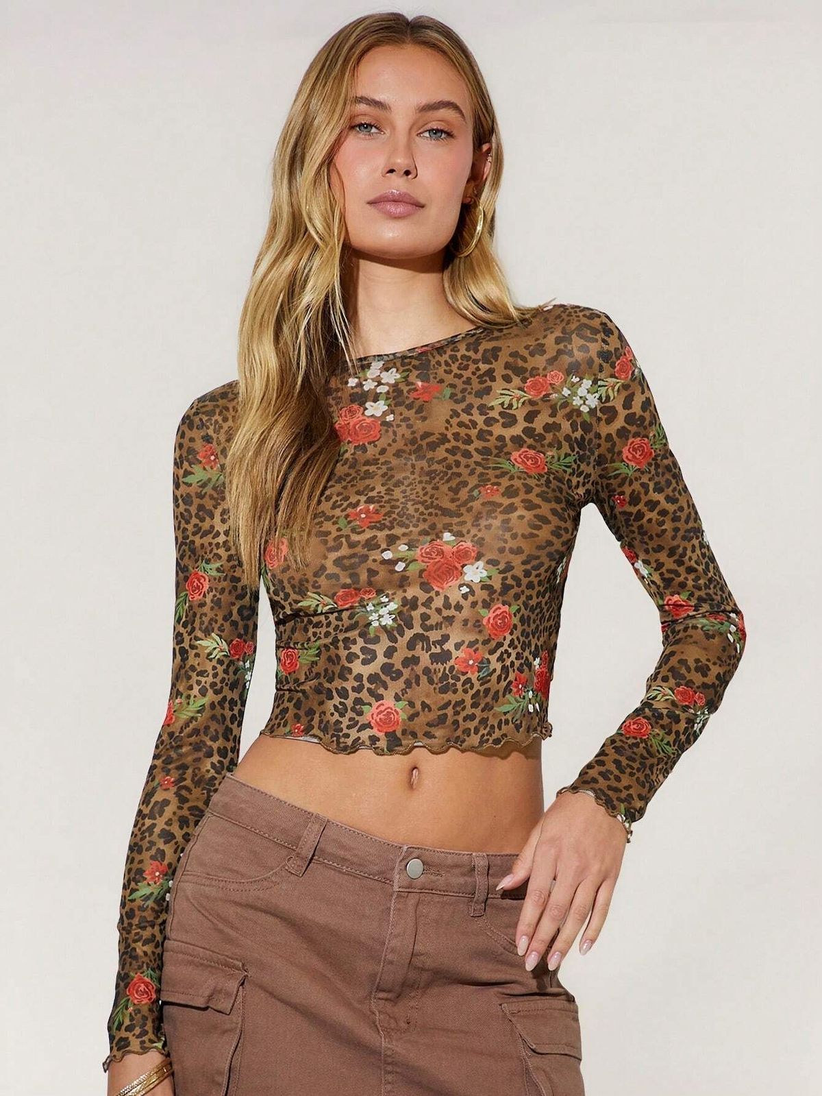Women's Leopard Floral Print Mesh T-Shirt Round Neck Short Long Sleeve Casual Elegant Spring Top American Style_ecoleips.com