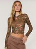 Women's Leopard Floral Print Mesh T-Shirt Round Neck Short Long Sleeve Casual Elegant Spring Top American Style_ecoleips.com
