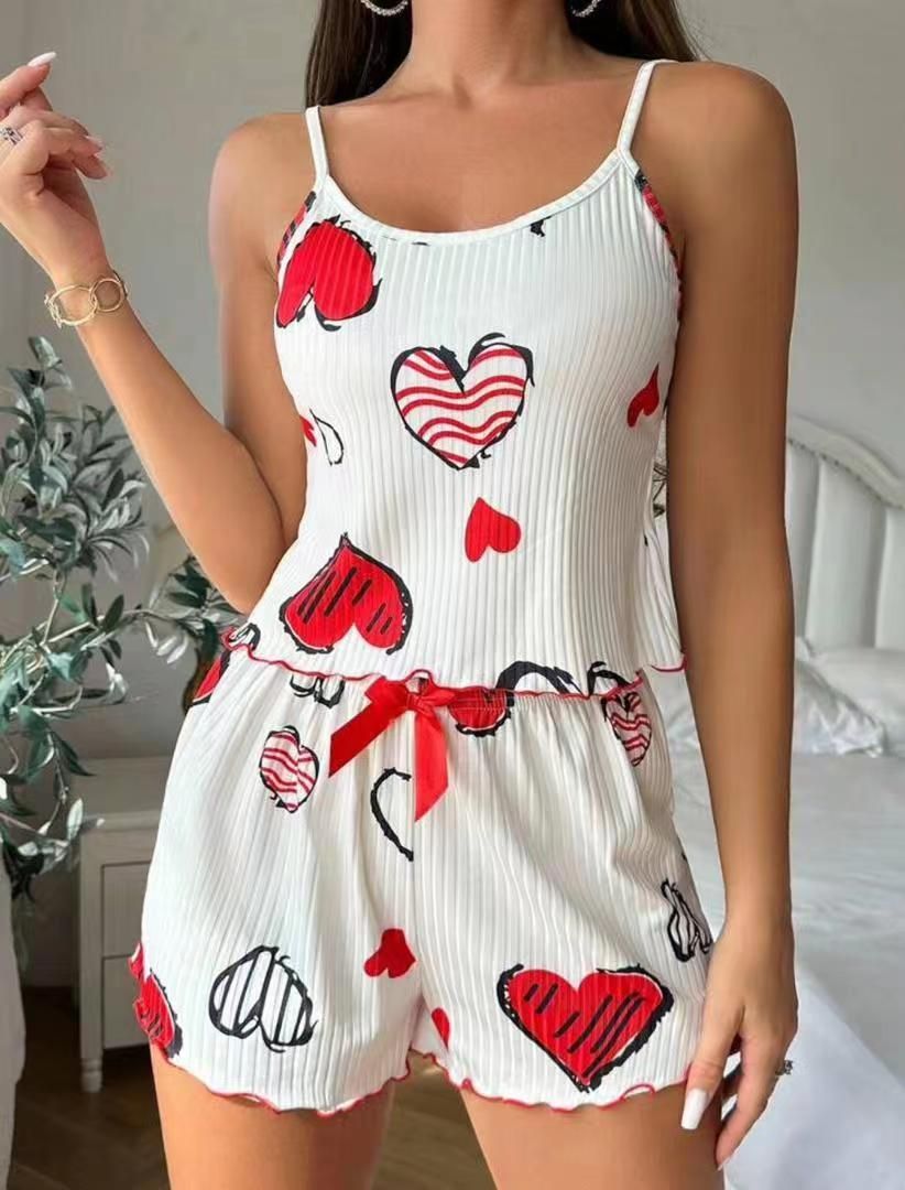 2025new European and American women's pajamas fashion suits cross border foreign trade design sense printed sweet suspender shorts_ecoleips.com