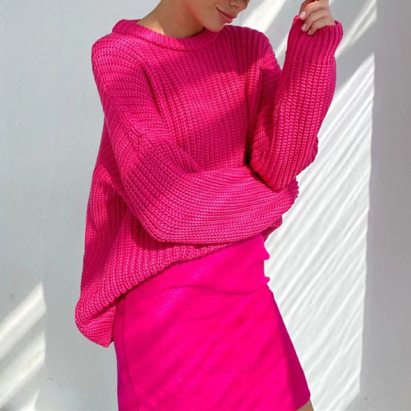 "Women's Oversized Thick Knit Sweater Winter Casual Round Neck Long Sleeve Pullover Soft Acrylic Blend Solid Color Loose Fit"_ecoleips.com