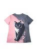 Two-Tone Women's Tee - Black & White Cat With Pink Eyes Graphic, Cute Paw Print Print Design For Casual Daily Wear_ecoleips.com