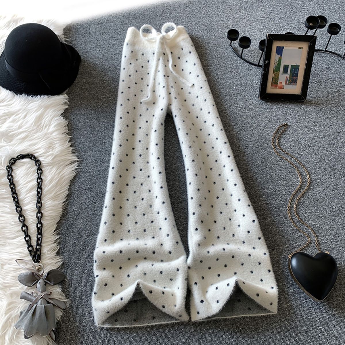 Tall Women's Polka Dot Mink Fleece Knit High-Waisted Wide Leg Pants Soft Draped Casual Floor Length Autumn/Winter Style_ecoleips.com