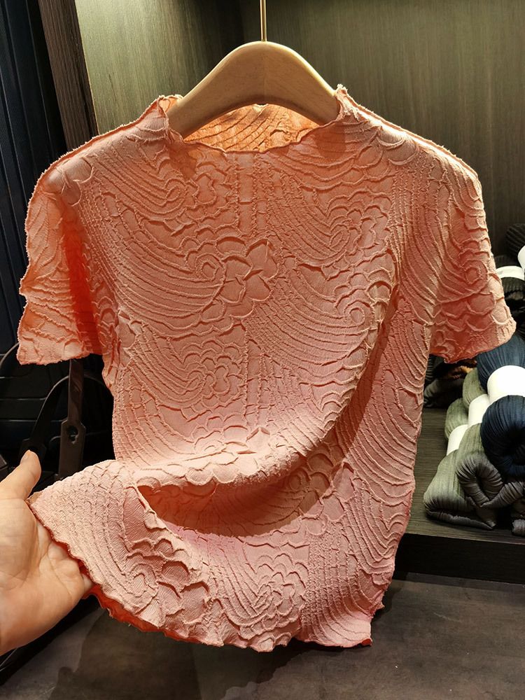 Women's Clothing Retro Auspicious Cloud Embossed Pleated Tops Wooden Ear Edge Round Neck Short Sleeves For Commuting All Match T Shirt_ecoleips.com