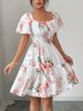 Women Floral Print Sashes Ruffle Hem Short Sleeve Casual Dress, Vacation Style Women's Evening Dresses_ecoleips.com