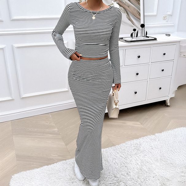 DiYun European American Y2K Hot Girl Style Striped T-Shirt And Bodycon Skirt Set Women's Clothing 2025_ecoleips.com