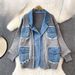 Women's Clothing Fashion Personality Knitted Patchwork Denim Jacket Women's Winter Loose Lazy Style Thickened Sweater Cardigan Top_ecoleips.com