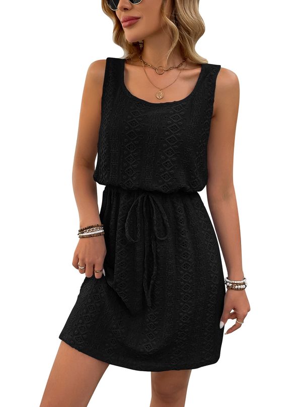 Square Neck Spring And Summer Women's Hollow Texture Drawstring Sleeveless Dress_ecoleips.com