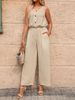 Women's Clothing Women's Solid Color Button Round Neck Elastic Waist Loose Jumpsuit Spring Summer For Formal & Casual_ecoleips.com
