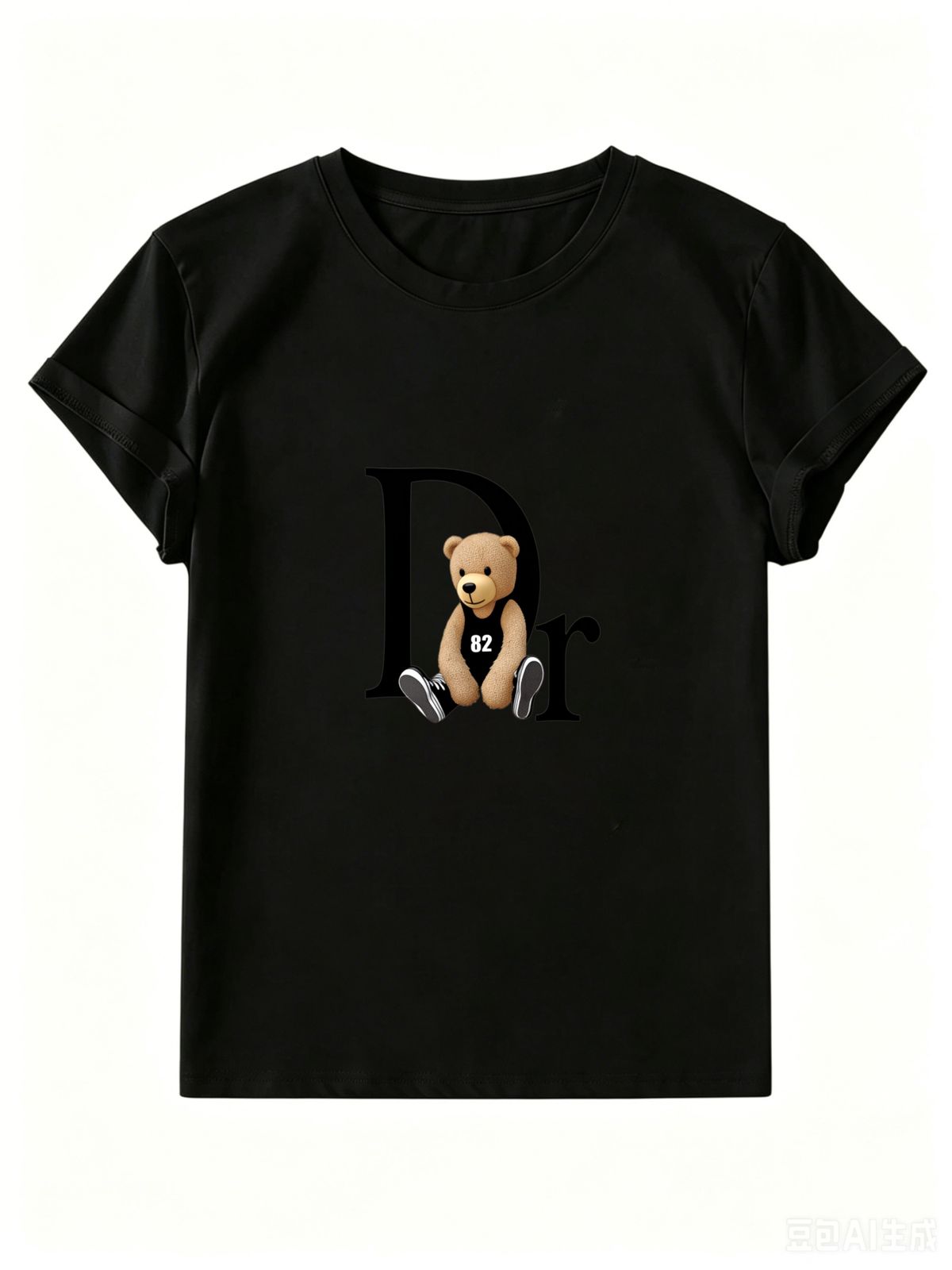 Women's Black And White Cotton T-Shirt, Cute Bear "Dr" Print, Casual Loose Fit Short Sleeve Tee For Summer Streetwear_ecoleips.com