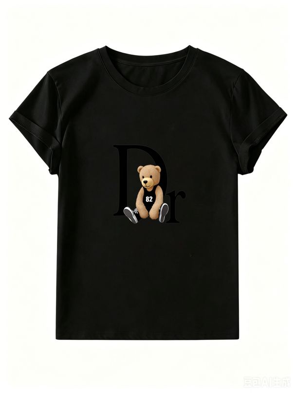 Women's Black And White Cotton T-Shirt, Cute Bear "Dr" Print, Casual Loose Fit Short Sleeve Tee For Summer Streetwear_ecoleips.com