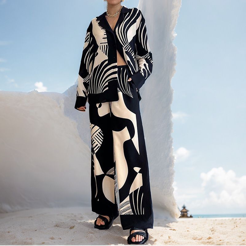 Spring Women's Fashion Temperament Printed Long Sleeve Shirt Wide Leg Pants Set Wholesale_ecoleips.com