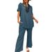 Women's Clothing Solid Color Short Sleeved V Neck Straight Wide Leg Pants Casual Elegant Loose Clothes_ecoleips.com
