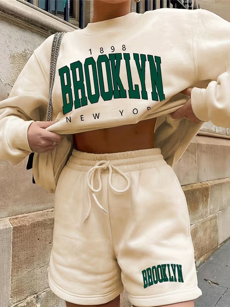Women's Clothing Women's Casual Two Piece Set Style Long Sleeved Printed Sweatshirt With Drawstring Jogging Shorts_ecoleips.com
