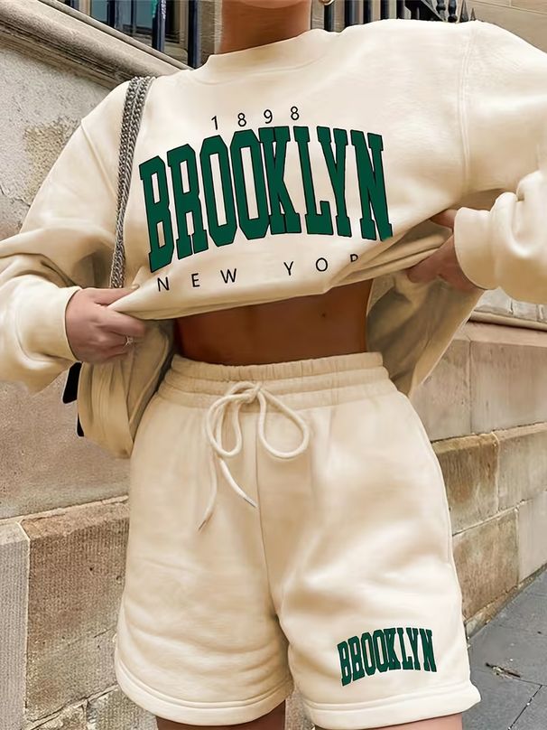 Women's Clothing Women's Casual Two Piece Set Style Long Sleeved Printed Sweatshirt With Drawstring Jogging Shorts_ecoleips.com