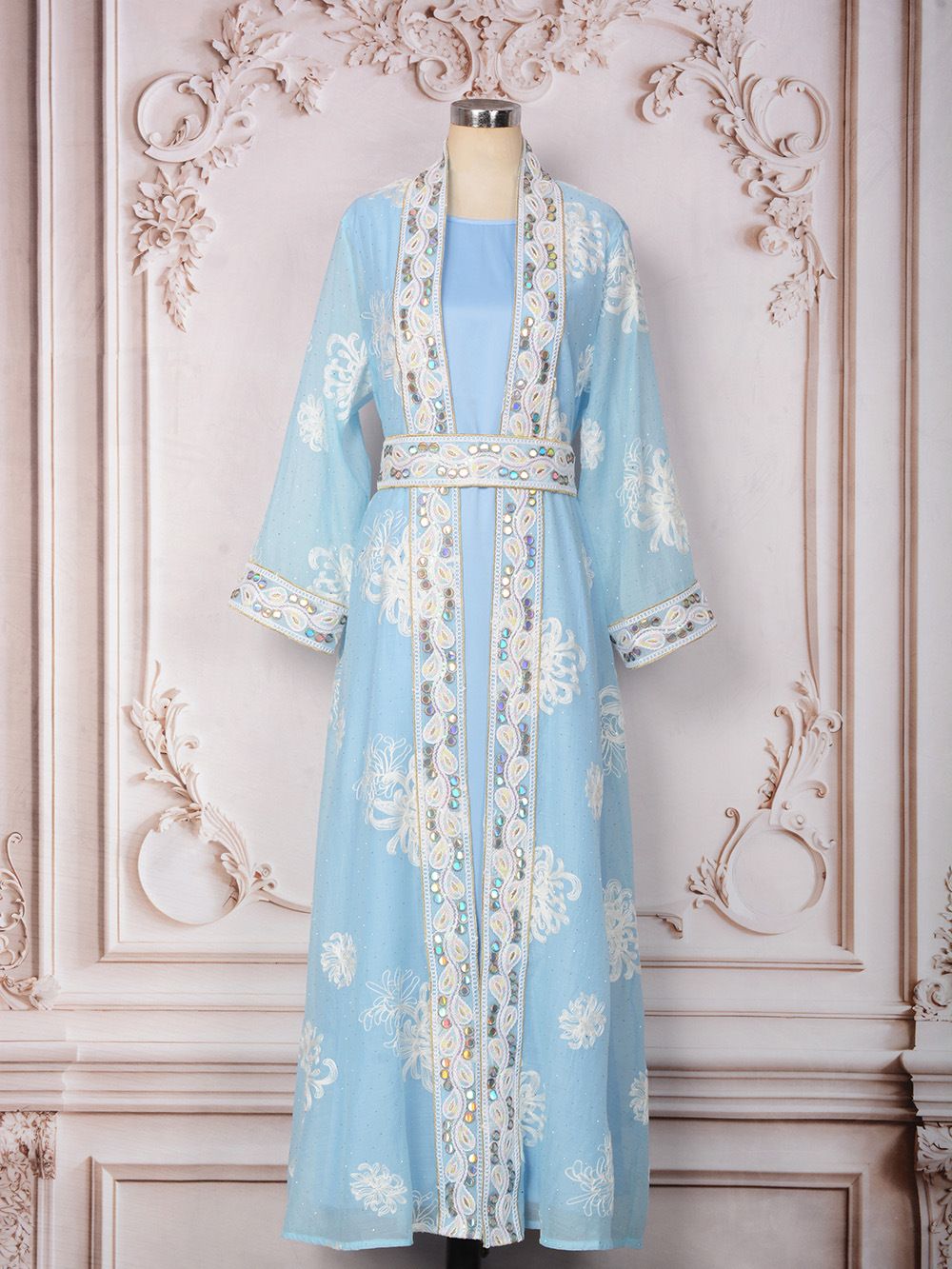Women's Clothing Modest Abaya Dress Dubai Style Abaya Dress Set – Elegant Long Sleeve Kaftan With Rhinestone & Sequin Embellishments_ecoleips.com