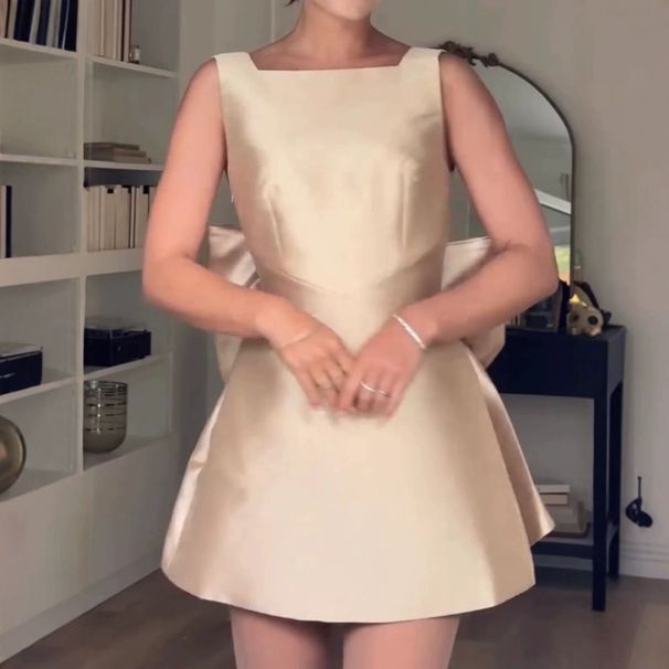 Women's Clothing Elegant High Waist Dress With Back Bow Decoration Square Collar Short Skirt Spring_ecoleips.com