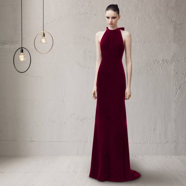Women's Clothing Elegant Halter Neck Velvet Evening Gown For Women Mermaid Bridal Toast Dress For Emcees Suitable For Coming Of Age Ceremony_ecoleips.com