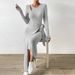 Voya Popular Women's Knitted Gray Dress With Sexy Temperament, Spicy Girl Irregular Long Skirt_ecoleips.com