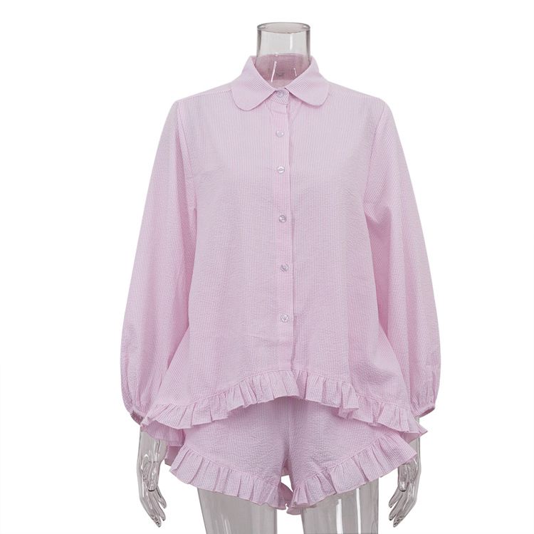 K Women's Fashion Stripe Set With Collar, Bubble Sleeves, Ruffle Edged Shirt, Loose Shorts, Casual Two Piece Set_ecoleips.com