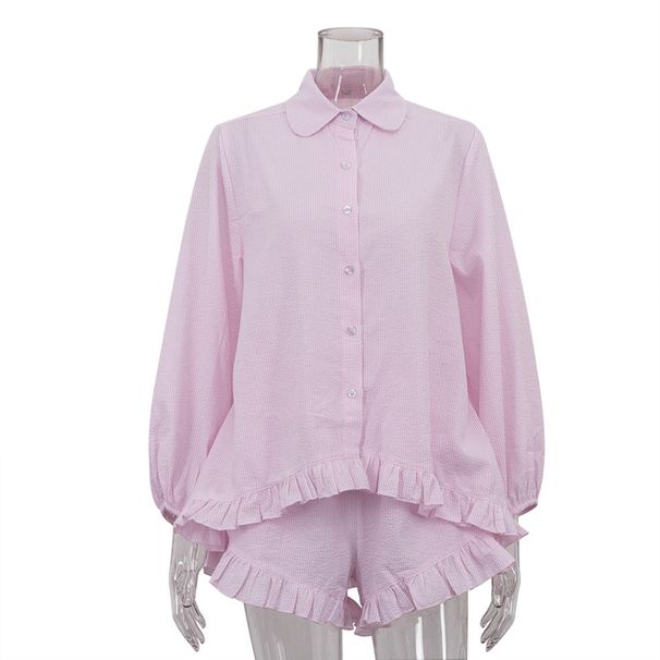 K Women's Fashion Stripe Set With Collar, Bubble Sleeves, Ruffle Edged Shirt, Loose Shorts, Casual Two Piece Set_ecoleips.com