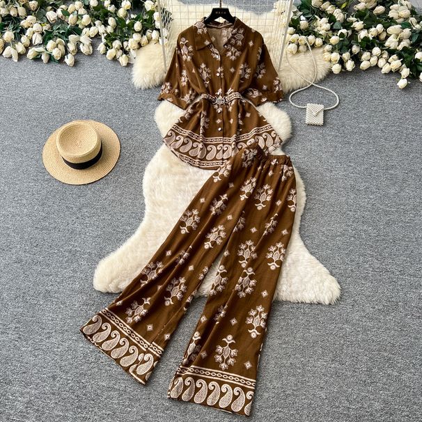 Women's Vintage Print Lapel Casual Two-Piece Set Long Sleeve Slim Fit Waist-Defining Stylish Outfit for Summer_ecoleips.com