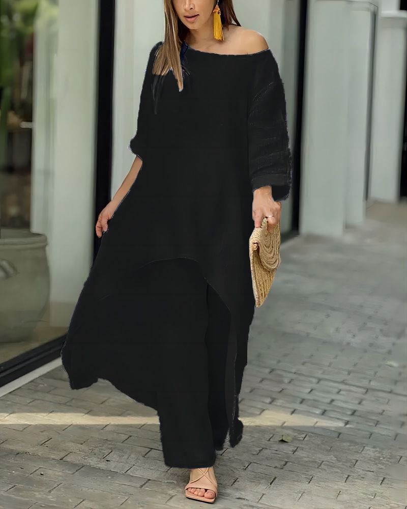New Women's Fashion Cotton-Linen Casual Large-Sized Irregular Long-Sleeve Set With Wide-Leg Pants Two-Piece Set_ecoleips.com