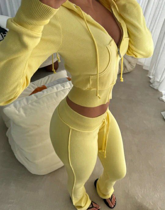 Women's Street Hooded Spliced Sweatshirt Jacket American Contrast Color Waist Spliced Flared Knitted Sweatpants Set_ecoleips.com