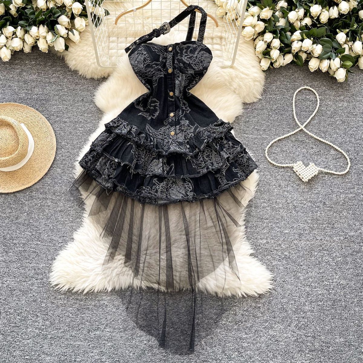 Women's Clothing Hot Girl Style Denim Tube Top Dress For Women Retro Old Fashioned Trailing Design Street Blasting Petite Puffy Short Skirt_ecoleips.com