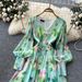 Women's Clothing Gentle Printed Lantern Sleeves V Neck Dress For Women In Summer With Slim Waist And Long Swing For Light Luxury Long Skirt_ecoleips.com