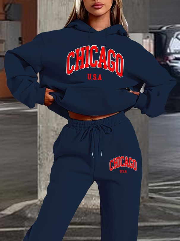 Women's Autumn And Winter Casual Fashion CHICAGO USA Printed Thick Fleece Warm Hooded Sweatshirt+sports Pants Set-721_ecoleips.com