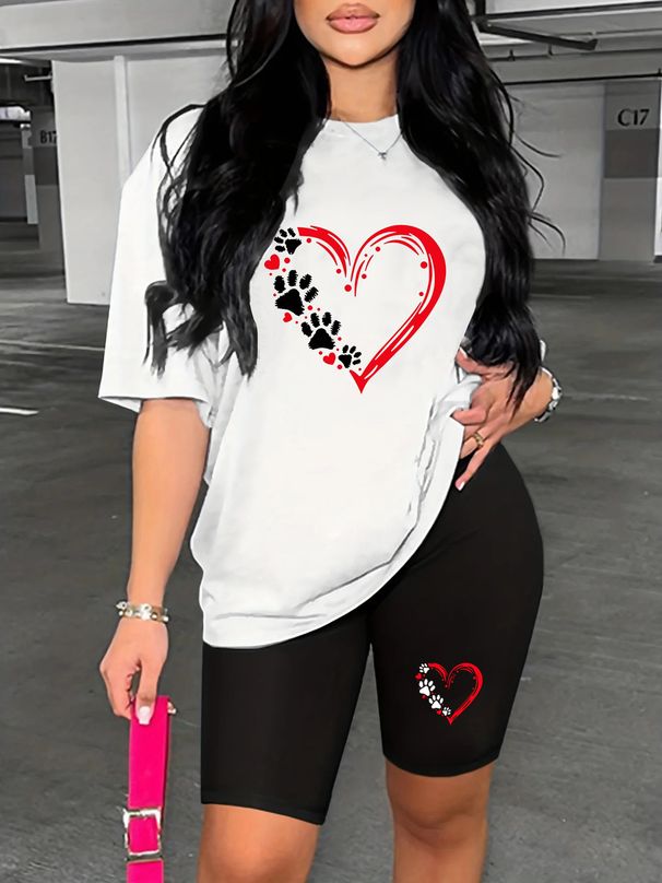 Summer Women's Casual And Fashionable Heart-shaped Printed Loose T-shirt Shorts Two-piece Set Sportswear Suitable For Daily Wear-132_ecoleips.com