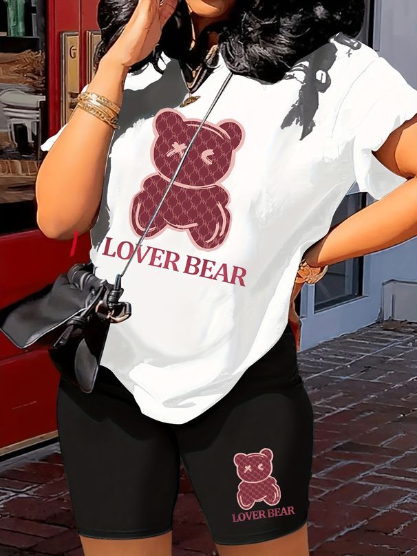 Summer Women's Casual And Fashionable Cartoon Bear Pattern Print Loose T-shirt+shorts Two-piece Sportswear Suitable For Daily Wear-98_ecoleips.com