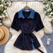 Women's Clothing Women's Style Loose Breathable Shirt Peter Pan Collar Lace Patchwork Design Short Sleeved Waist Cinching Top For Commuting_ecoleips.com