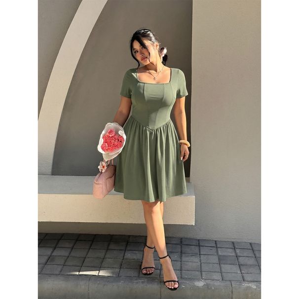 Large Size Women's Square Neck Dress, Fish Bone Waist Thin A Word Mm Large Size Thin Short Sleeve Long Dress_ecoleips.com