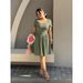 Large Size Women's Square Neck Dress, Fish Bone Waist Thin A Word Mm Large Size Thin Short Sleeve Long Dress_ecoleips.com