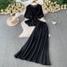 Korean Style Floral Embroidery Tie-Waist Blouse With High-Waist Long Skirt Set, Elegant Puff Sleeve Two-Piece Outfit For Women_ecoleips.com