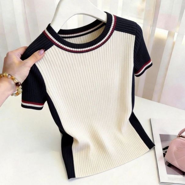 Women's Fashionable Round Neck Color Blocked Short Sleeve Knit T-Shirt Slimming And Flattering Youthful New Summer Style_ecoleips.com