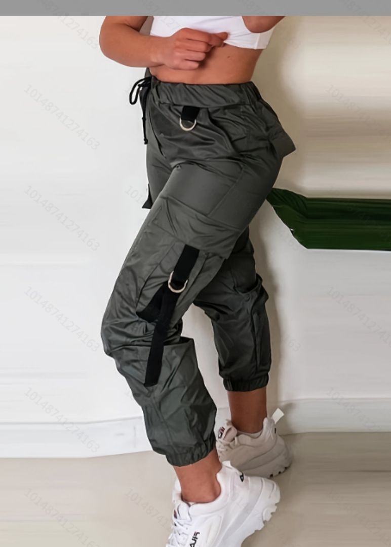 Women's Military Green Casual Sports Trousers Mid Waist Webbing Pockets Full Length Polyester Pants_ecoleips.com