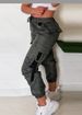 Women's Military Green Casual Sports Trousers Mid Waist Webbing Pockets Full Length Polyester Pants_ecoleips.com
