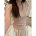 Basic Front Shoulder U-neck Threaded Slim-fitting Short-sleeved Women's Summer Inner Slim Front Shoulder T-shirt Inner Top Bottoming Shirt_ecoleips.com