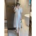 In Stock Maternity Summer Simple Elegant French V-neck Pleated Design Waist Slimming Mid-length Dress_ecoleips.com